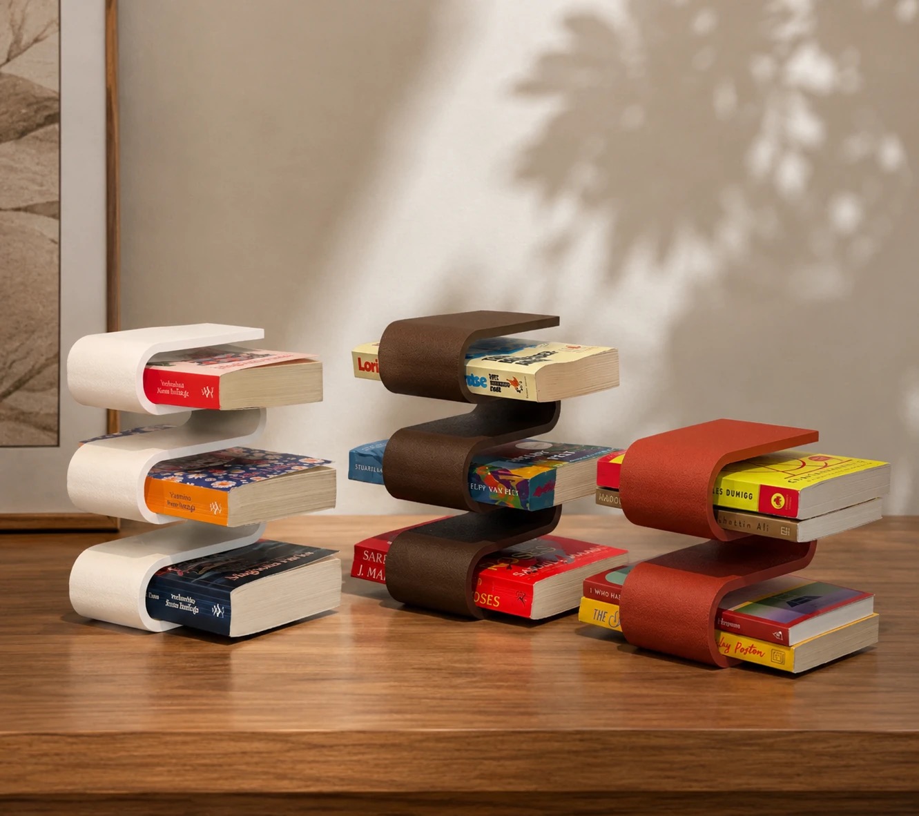 Cotton Street Bookshelf pieces in cream, chocolate, and terracotta