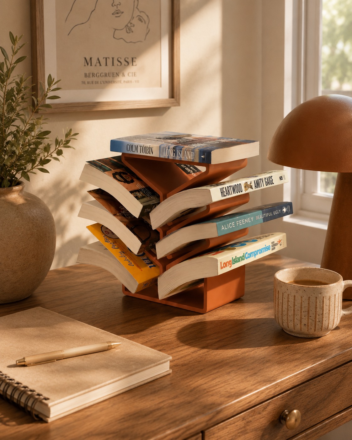 Terracotta Levering Street Book Stand holding a row of books on a wooden nightstand