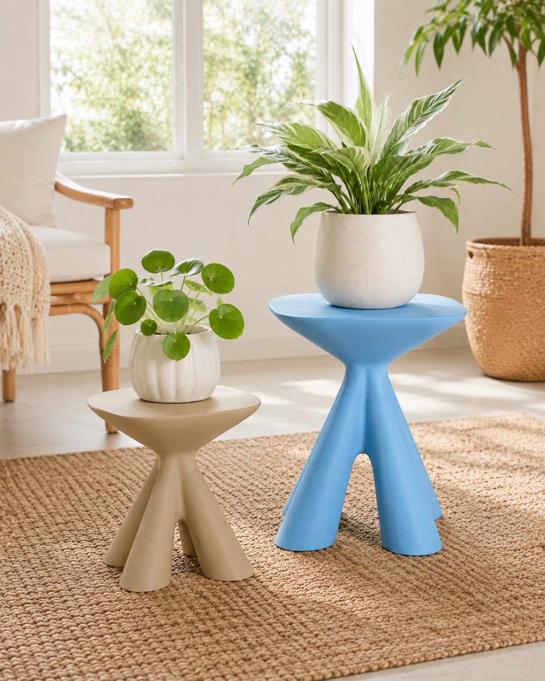 Desert tan and sky blue Shurs Lane Plant Stands holding potted plants